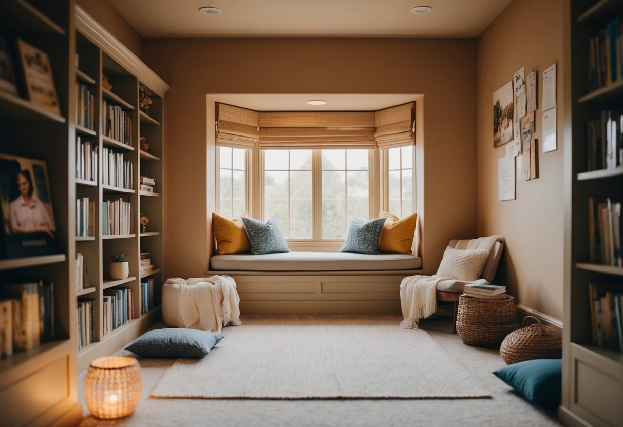 A serene and nurturing environment with a warm color palette, featuring a cozy reading nook surrounded by supportive resources and comforting imagery