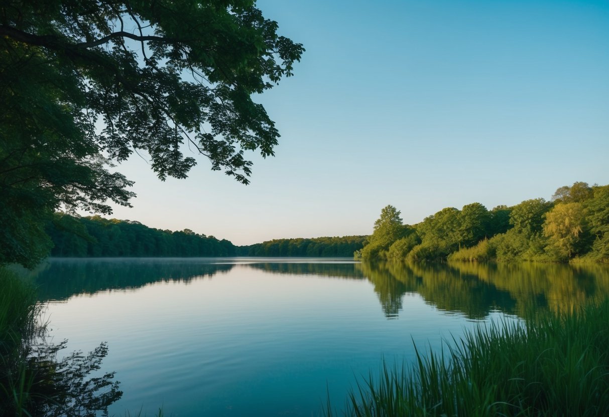 A serene nature scene with a calm, still lake surrounded by lush greenery and a clear blue sky, evoking a sense of peace and tranquility