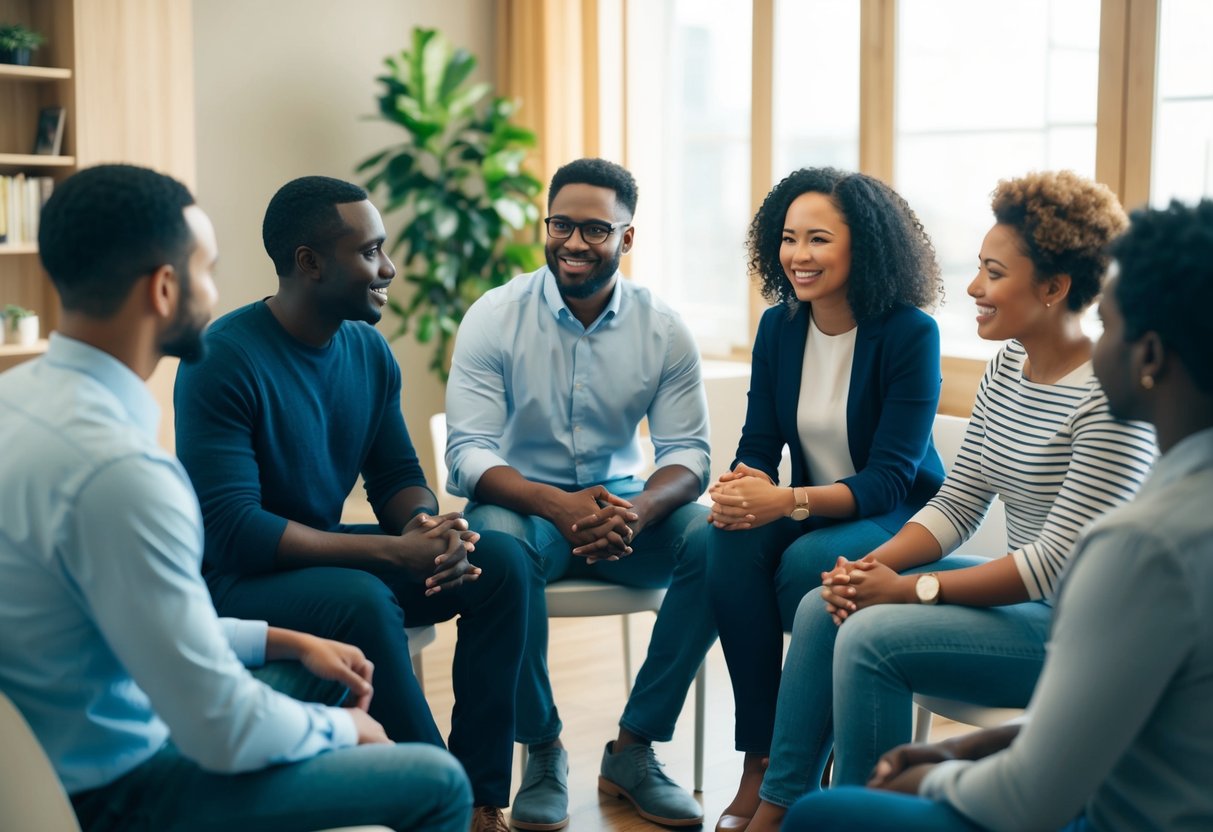 A group of diverse figures sit in a circle, engaged in conversation with open body language. A sense of warmth and support fills the room