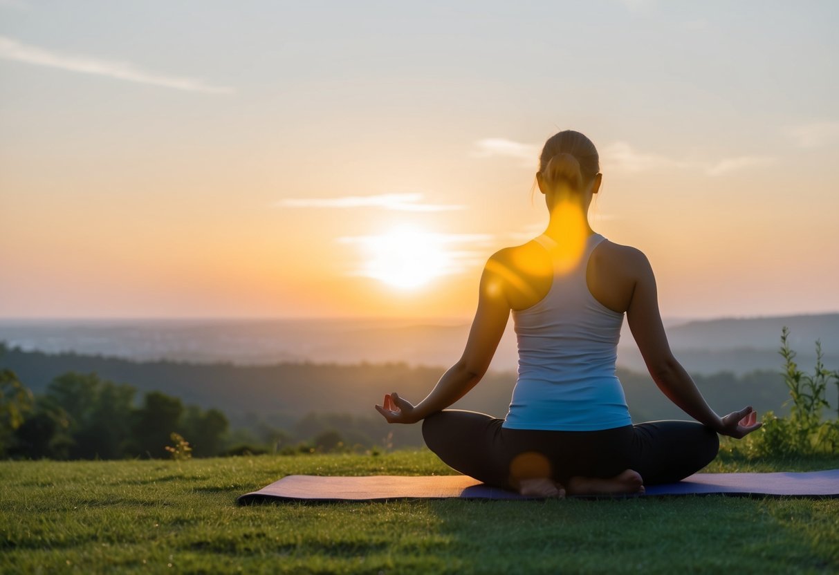 A serene sunrise over a peaceful landscape with a figure practicing yoga or meditation, surrounded by nature and calm surroundings