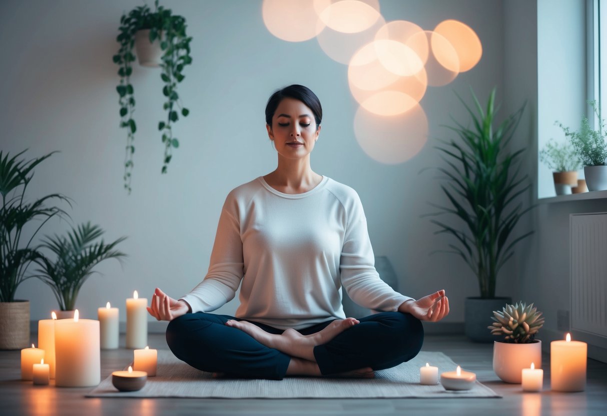 A peaceful scene of a parent meditating in a quiet room, surrounded by calming elements such as candles, plants, and soft lighting