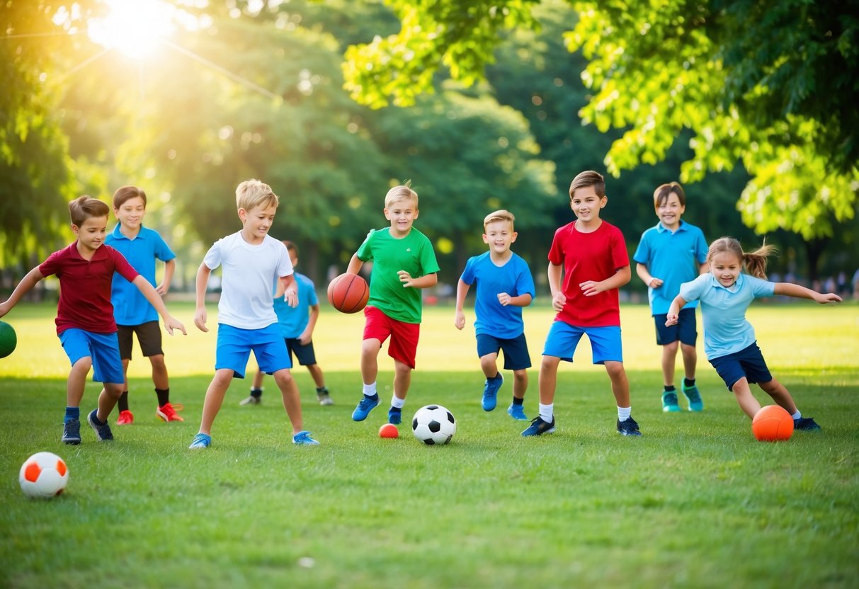 A group of children playing various sports and games in a park, surrounded by lush greenery and a bright, sunny sky