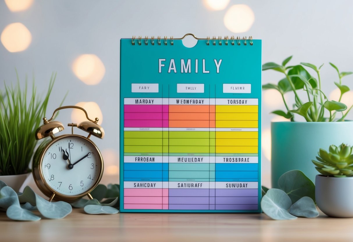 A colorful calendar with labeled sections for each family member's activities, surrounded by calming elements like plants and a clock