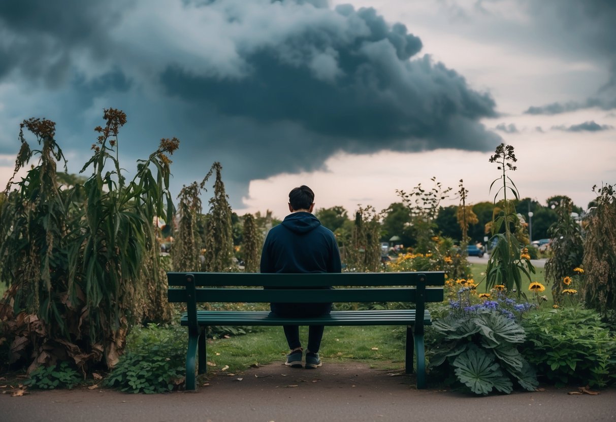 A person sitting alone on a park bench, surrounded by overgrown plants and wilted flowers, with a dark cloud hovering above