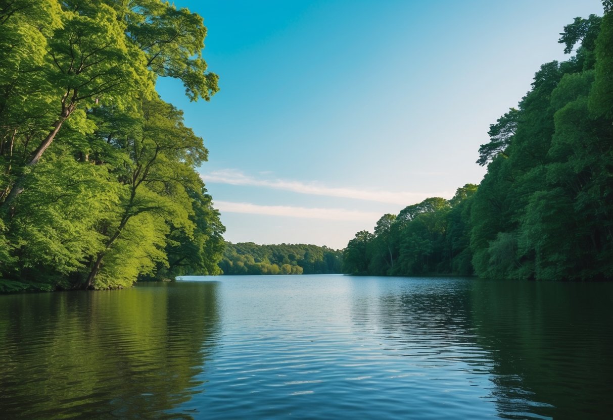 A serene nature scene with a calm lake, lush green trees, and a clear blue sky, evoking a sense of peace and tranquility