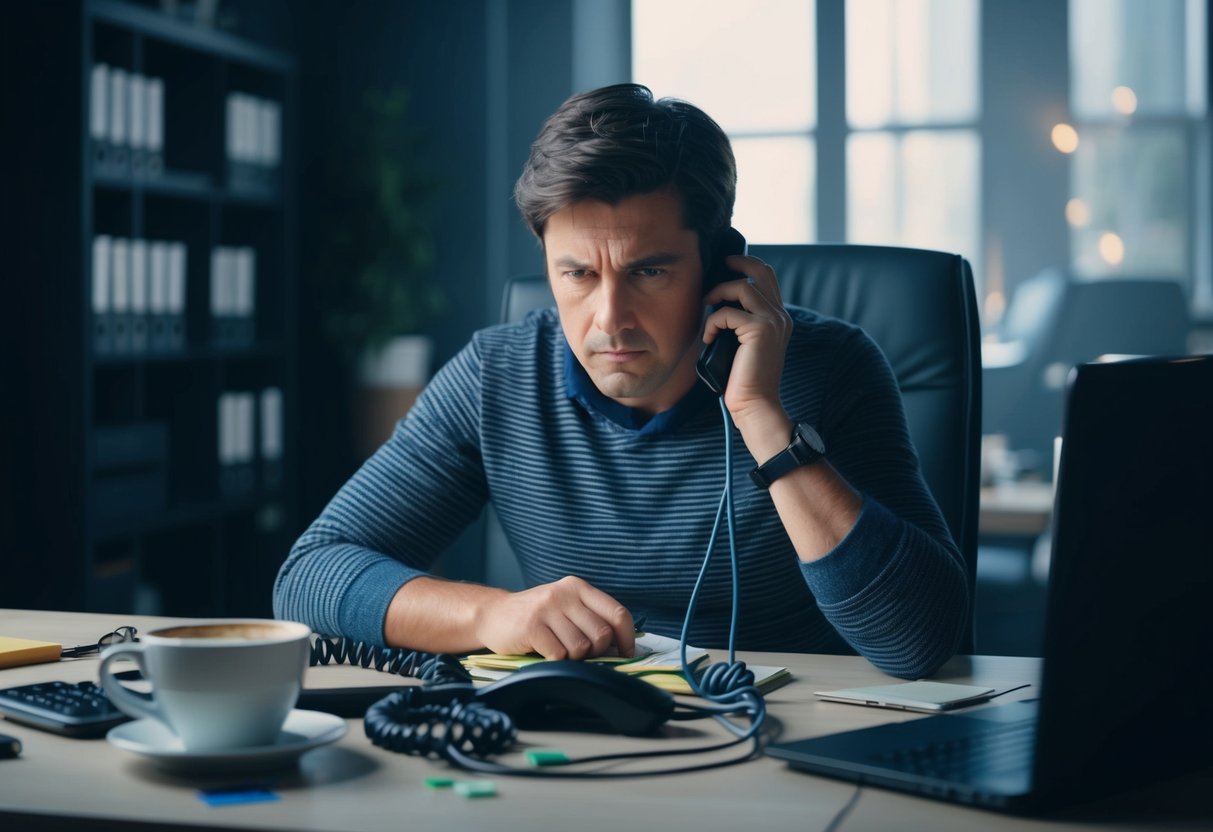 A person sitting at a cluttered desk, scowling at a tangled phone cord and a spilled cup of coffee. The room is dimly lit and the atmosphere feels tense