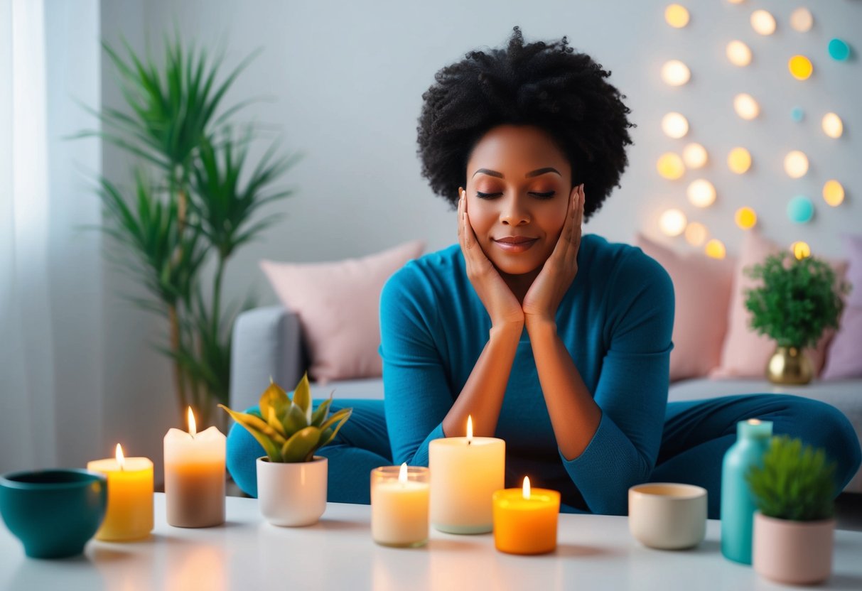 A serene parent surrounded by calming elements like candles, plants, and soothing colors, repeating positive affirmations to manage stress