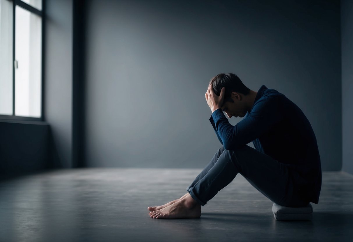 A person sitting alone in a dark, empty room, with their head in their hands and a heavy, somber expression on their face