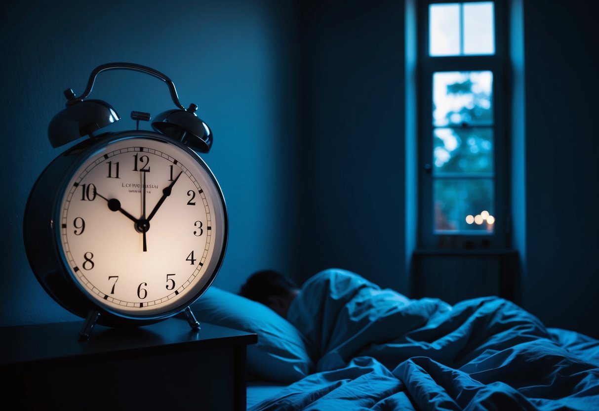 A clock with hands pointing to late night and early morning. A bed with rumpled sheets. A person tossing and turning. A darkened room with a sliver of light peeking through the window