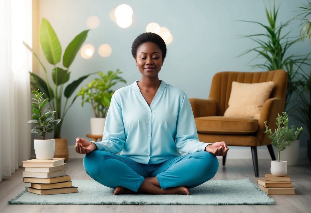 A serene parent sits cross-legged, surrounded by calming elements like plants, books, and a cozy chair, creating a peaceful atmosphere for mental well-being