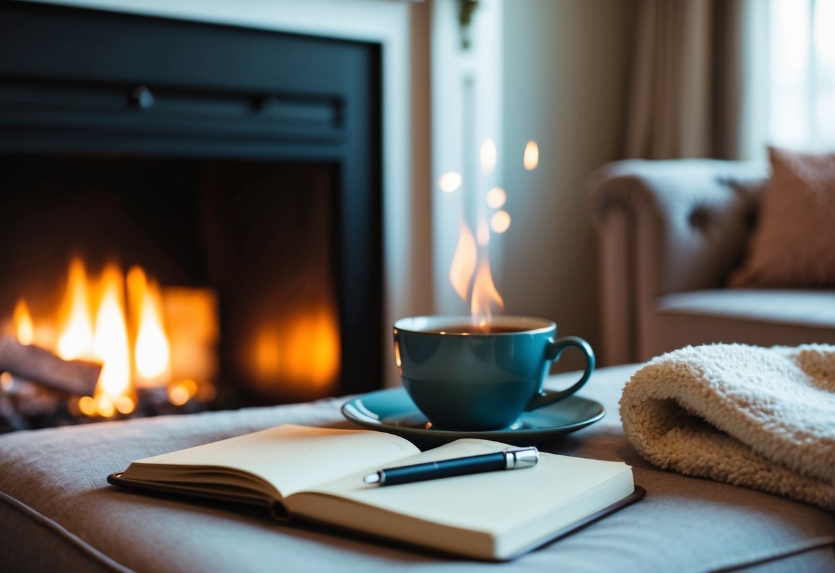 A serene, cozy living room with a warm cup of tea, a journal, and a plush blanket. A soft glow from the fireplace creates a peaceful atmosphere