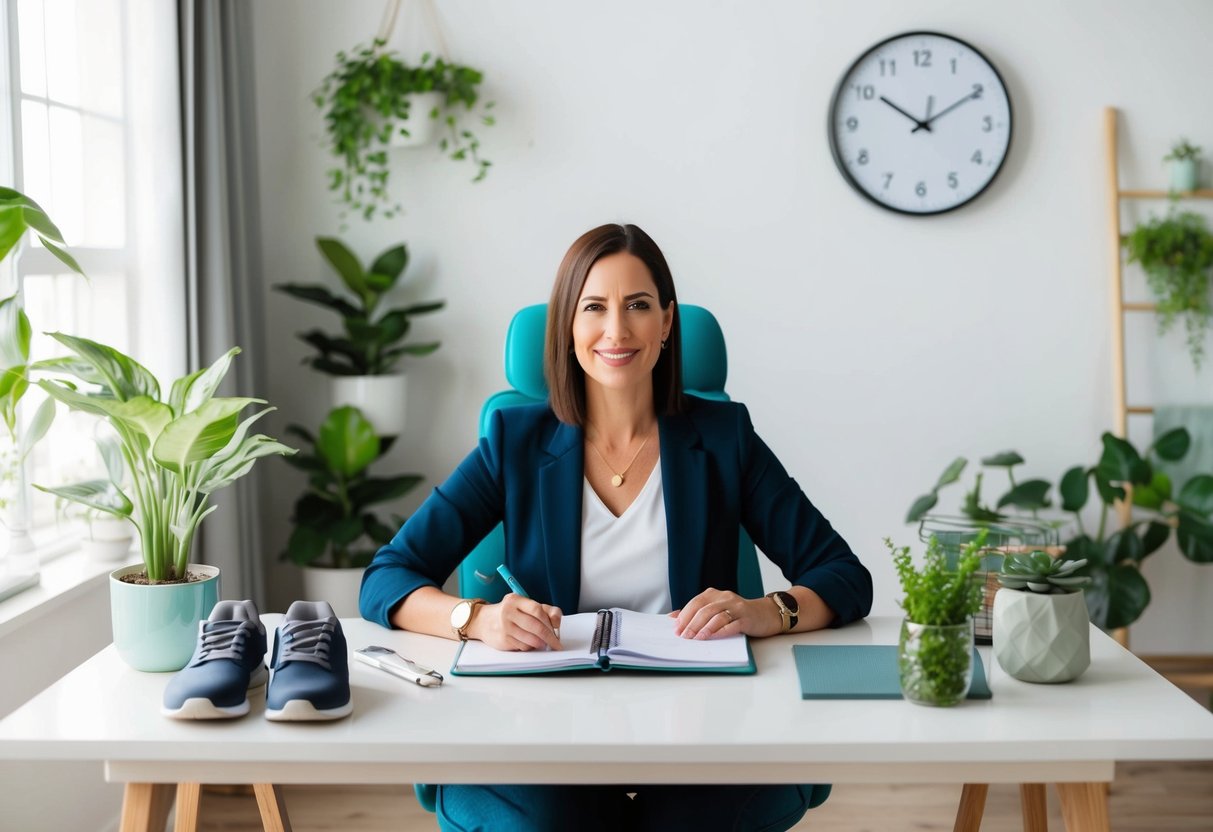 A parent sits at a desk with a planner, surrounded by plants and calming decor. A yoga mat and running shoes are nearby, while a clock on the wall shows a balanced schedule