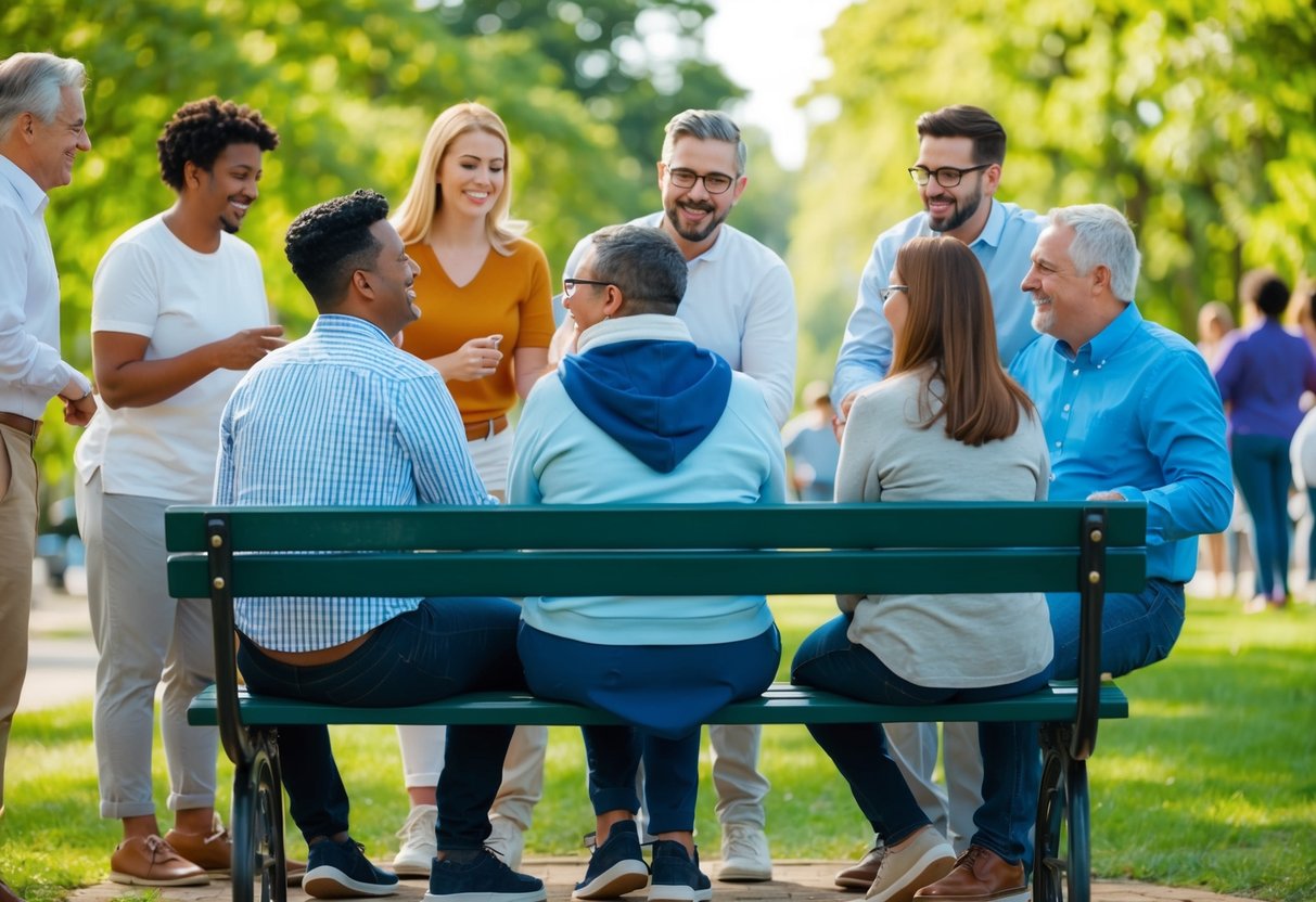 A parent sitting on a park bench surrounded by friends, family, and support groups, engaging in conversation and laughter