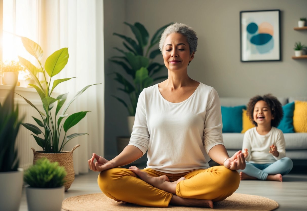 A serene parent meditates in a sunlit room, surrounded by plants and calming decor. A child's laughter can be heard from another room