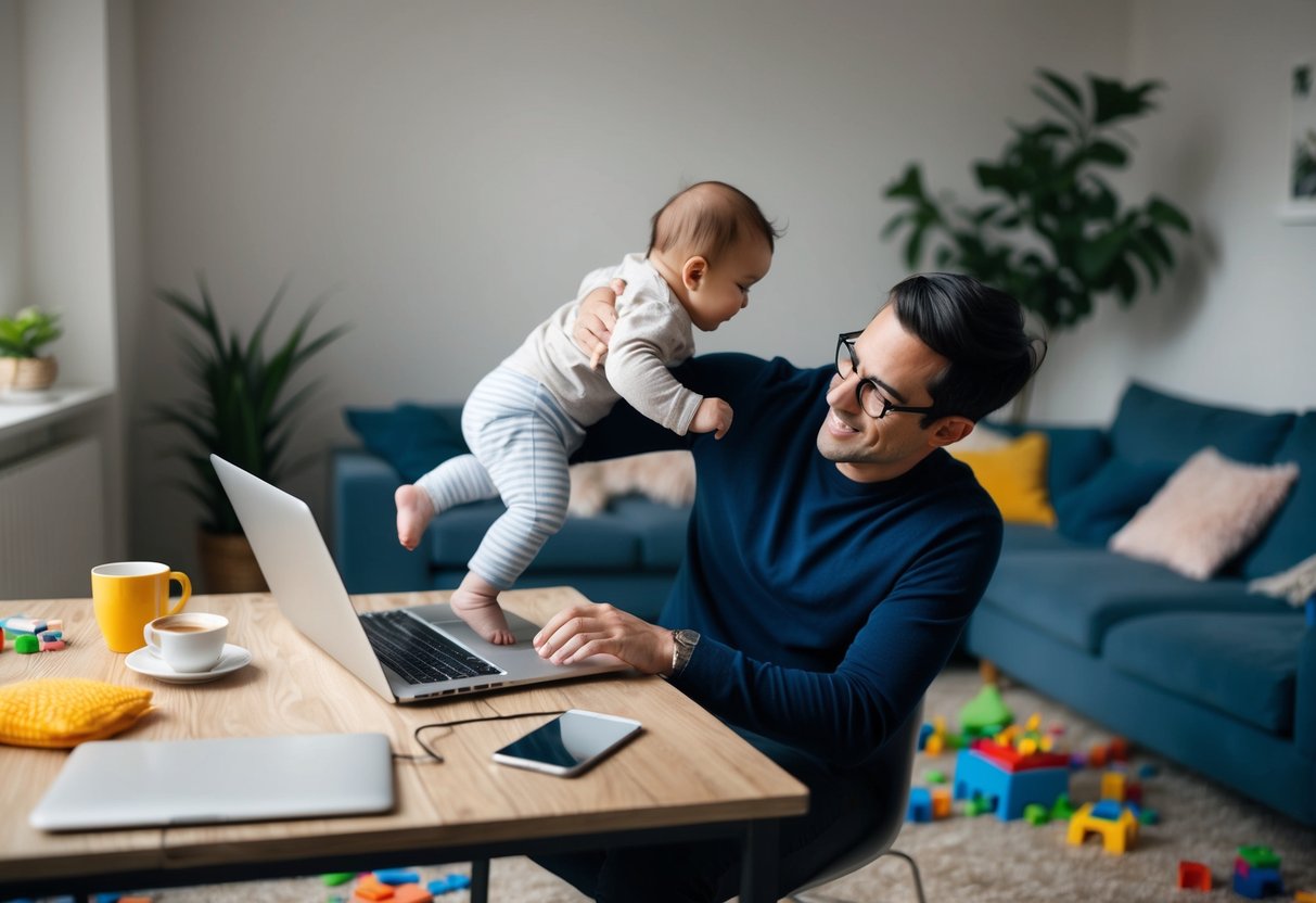 A parent juggling a baby on one hip while typing on a laptop with the other hand, surrounded by a messy but cozy living room with scattered toys and a cup of coffee on the table