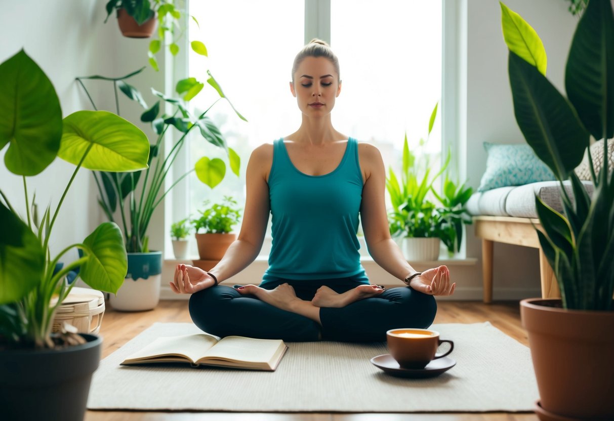 A serene morning routine: a parent meditates in a sunlit room, surrounded by plants and calming decor. A journal and cup of tea sit nearby