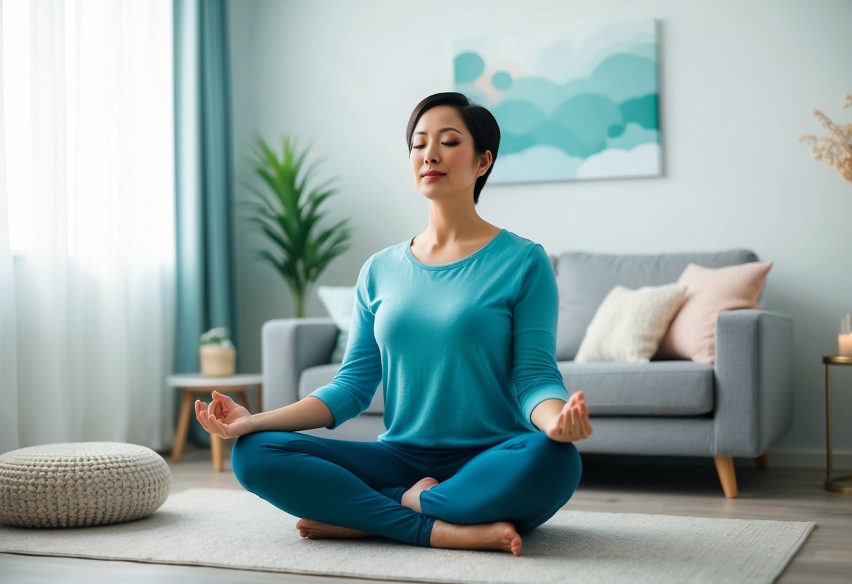 A parent sitting in a calm, clutter-free room, practicing deep breathing and mindfulness exercises while surrounded by soothing colors and natural elements