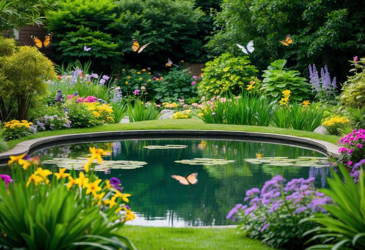 A serene garden with a peaceful pond surrounded by lush greenery, with colorful flowers and butterflies fluttering around, creating a calm and tranquil atmosphere for mindfulness practice