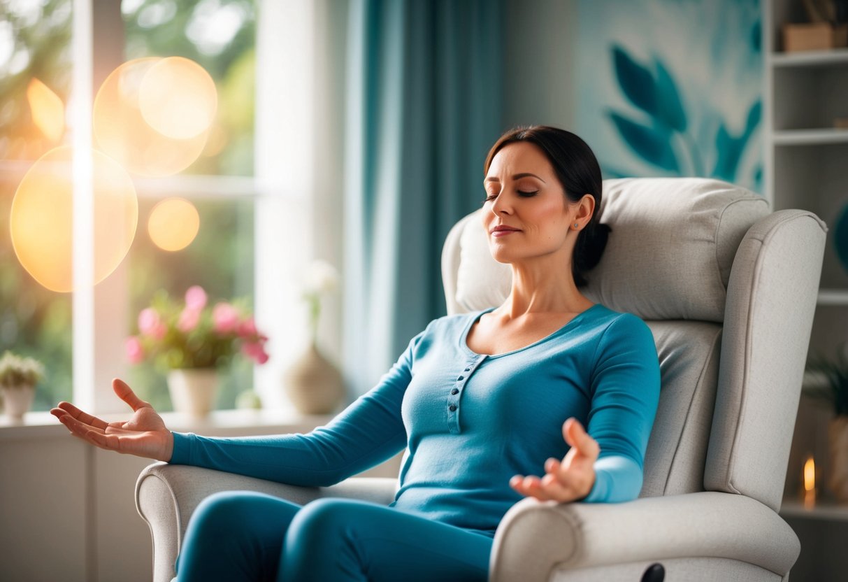 A serene setting with soft lighting, a comfortable chair, and a peaceful atmosphere. A parent is practicing deep breathing techniques, surrounded by calming elements like nature or soothing colors