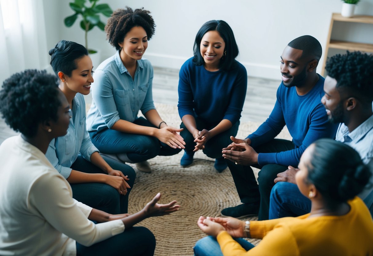 A group of diverse individuals sit in a circle, engaging in conversation and offering support to one another. A serene and welcoming environment is depicted, with a focus on empathy and understanding