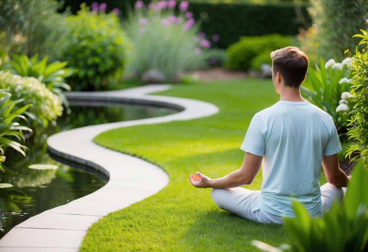 A serene garden with a winding path, lush greenery, and a peaceful pond. A parent sits cross-legged, eyes closed, practicing mindfulness meditation