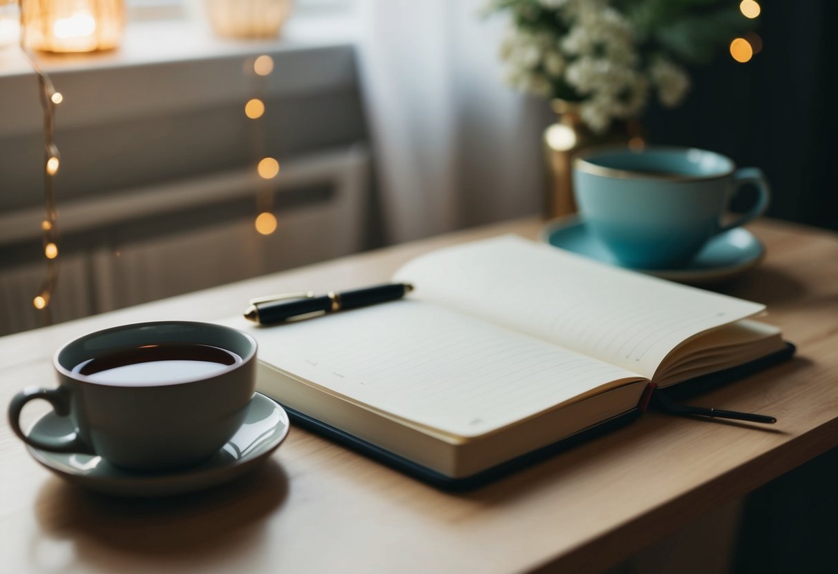 A cozy desk with a journal, pen, and cup of tea. Soft lighting and calming decor create a peaceful atmosphere for writing