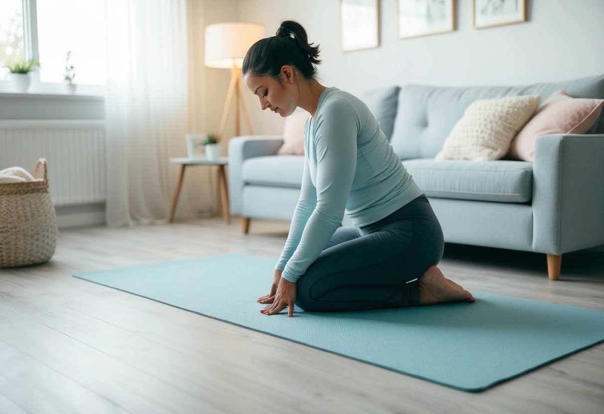 A parent performing yoga in a peaceful, clutter-free room with soft lighting and calming decor