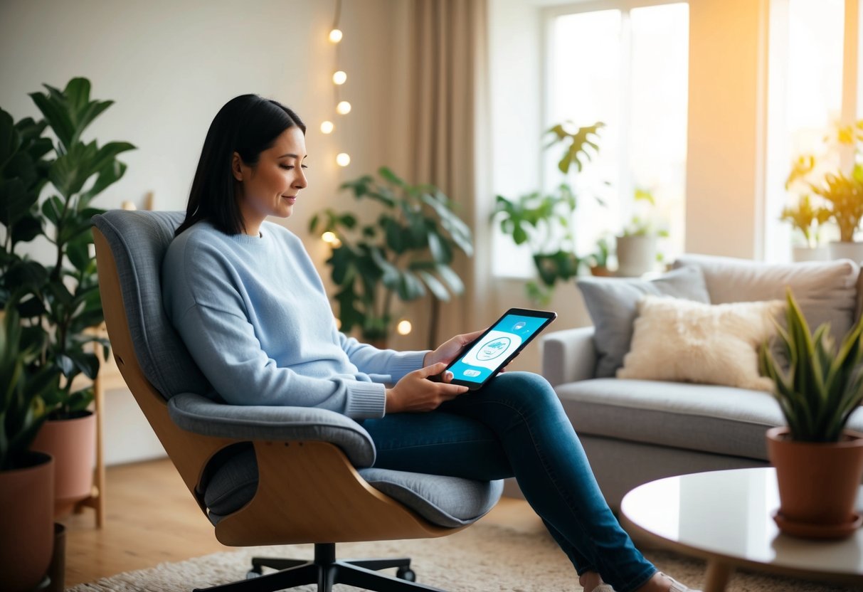 A serene and cozy living room with a parent sitting on a comfortable chair, surrounded by plants and soft lighting, using a mental health app on a tablet or smartphone