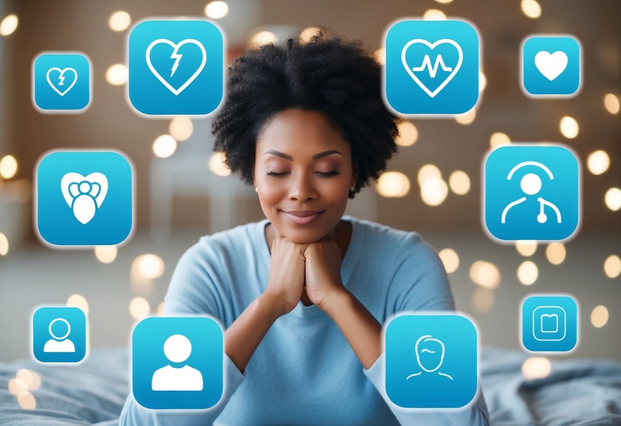 A serene parent surrounded by calming mental health app icons, offering support and relief