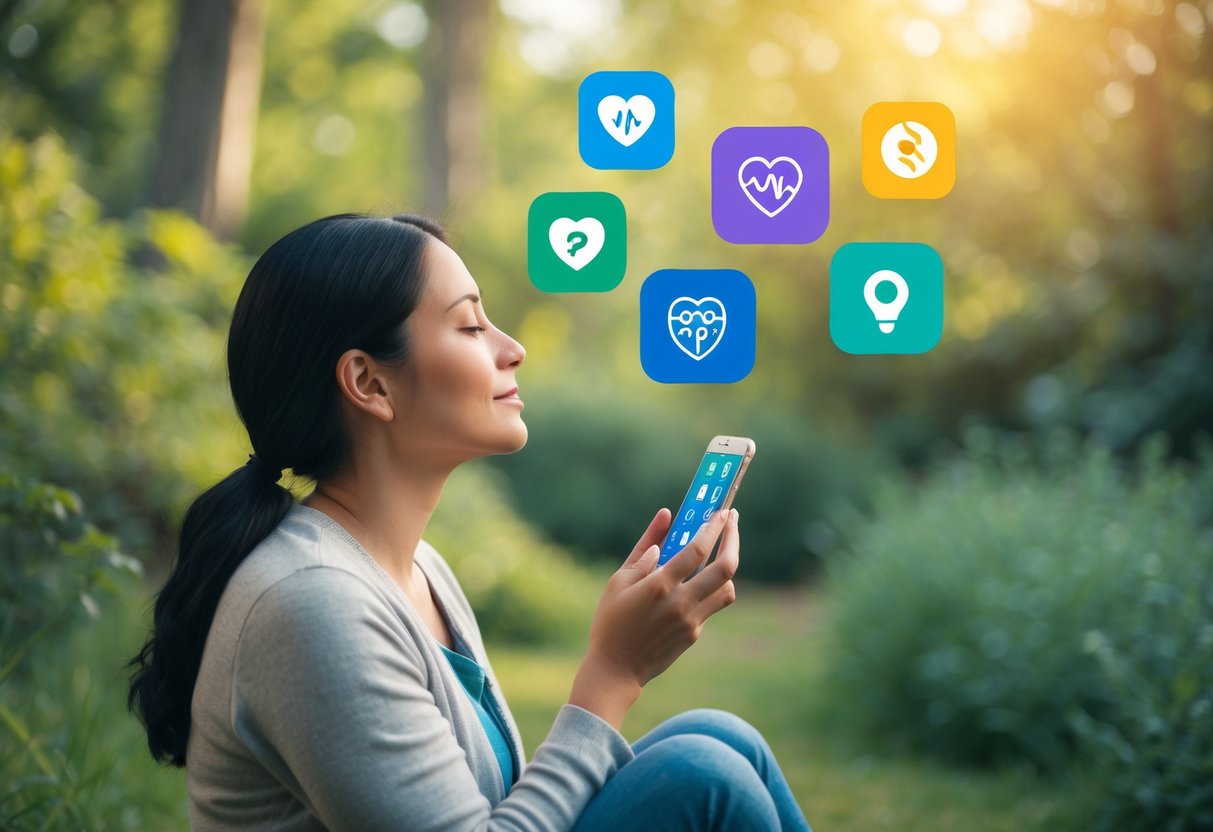 A serene parent surrounded by calming nature, with a smartphone displaying various mental health app icons floating above