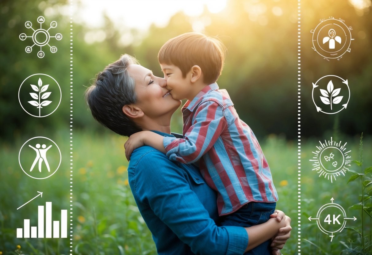 A parent embracing a child, surrounded by a supportive community, nature, and symbols of strength and growth