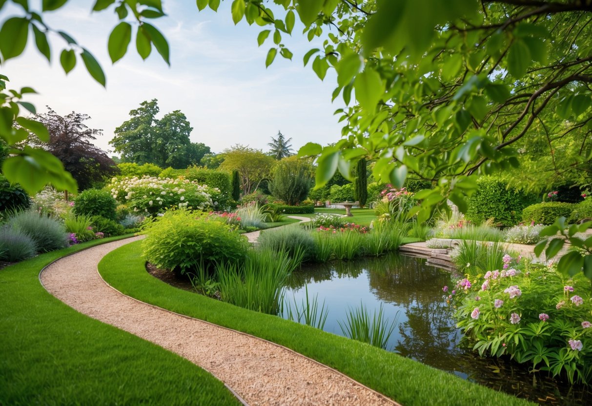 A serene garden with a winding path, blooming flowers, and a tranquil pond surrounded by lush greenery. A gentle breeze rustles the leaves, creating a peaceful atmosphere