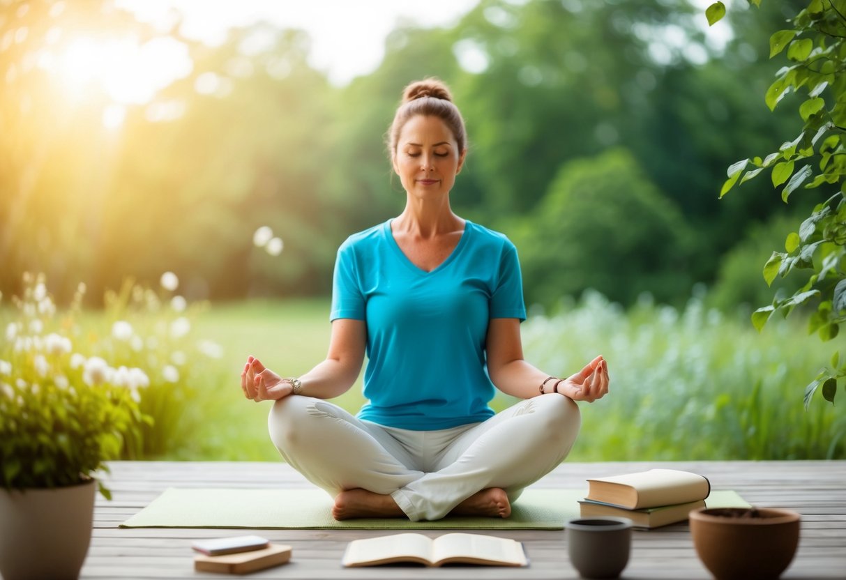 A serene setting with a parent engaging in self-care activities such as yoga, meditation, reading, and gardening to boost mental health