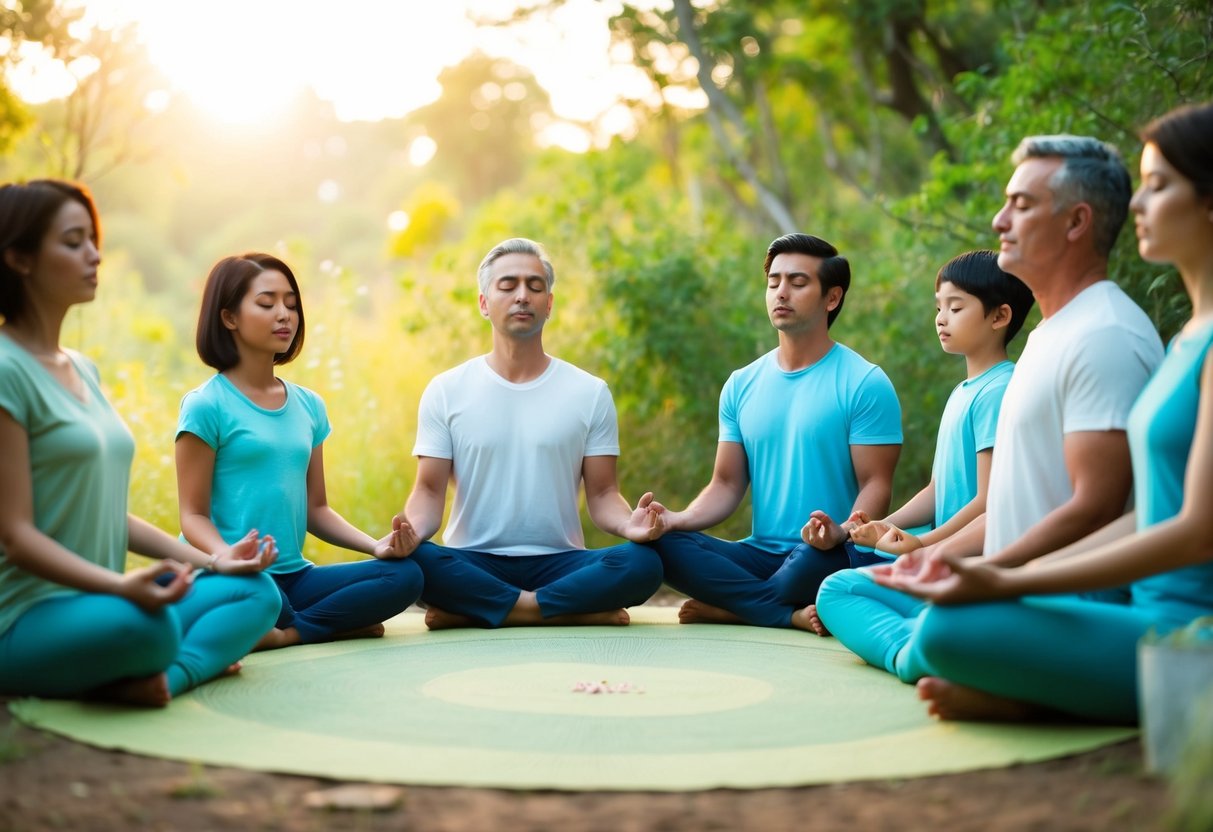 A serene family sitting in a circle, eyes closed, surrounded by nature and soft light, engaging in a group meditation session