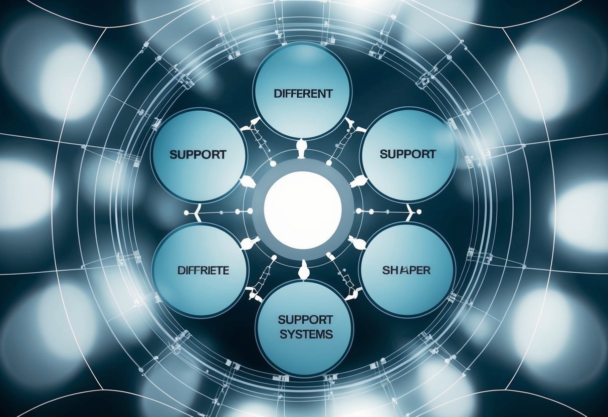 A group of interconnected circles representing different support systems, surrounded by a protective barrier of overlapping lines and shapes