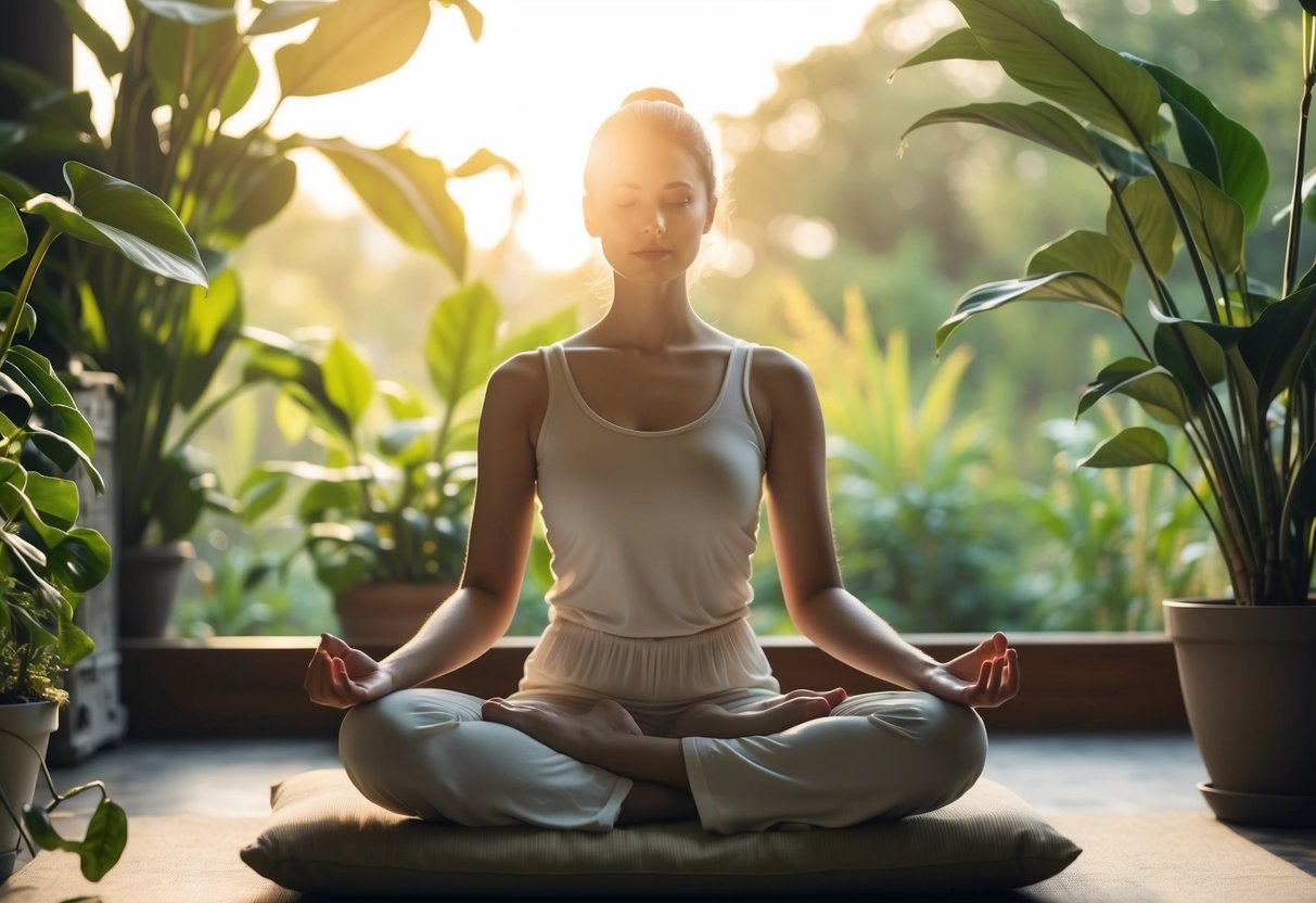 A serene figure sits cross-legged on a cushion, surrounded by plants and natural light, practicing morning meditation