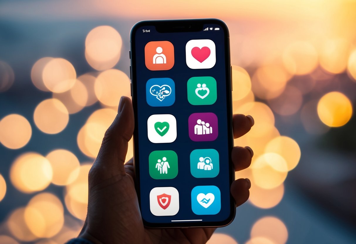 A smartphone with eight app icons related to mental health and parenting displayed on the screen