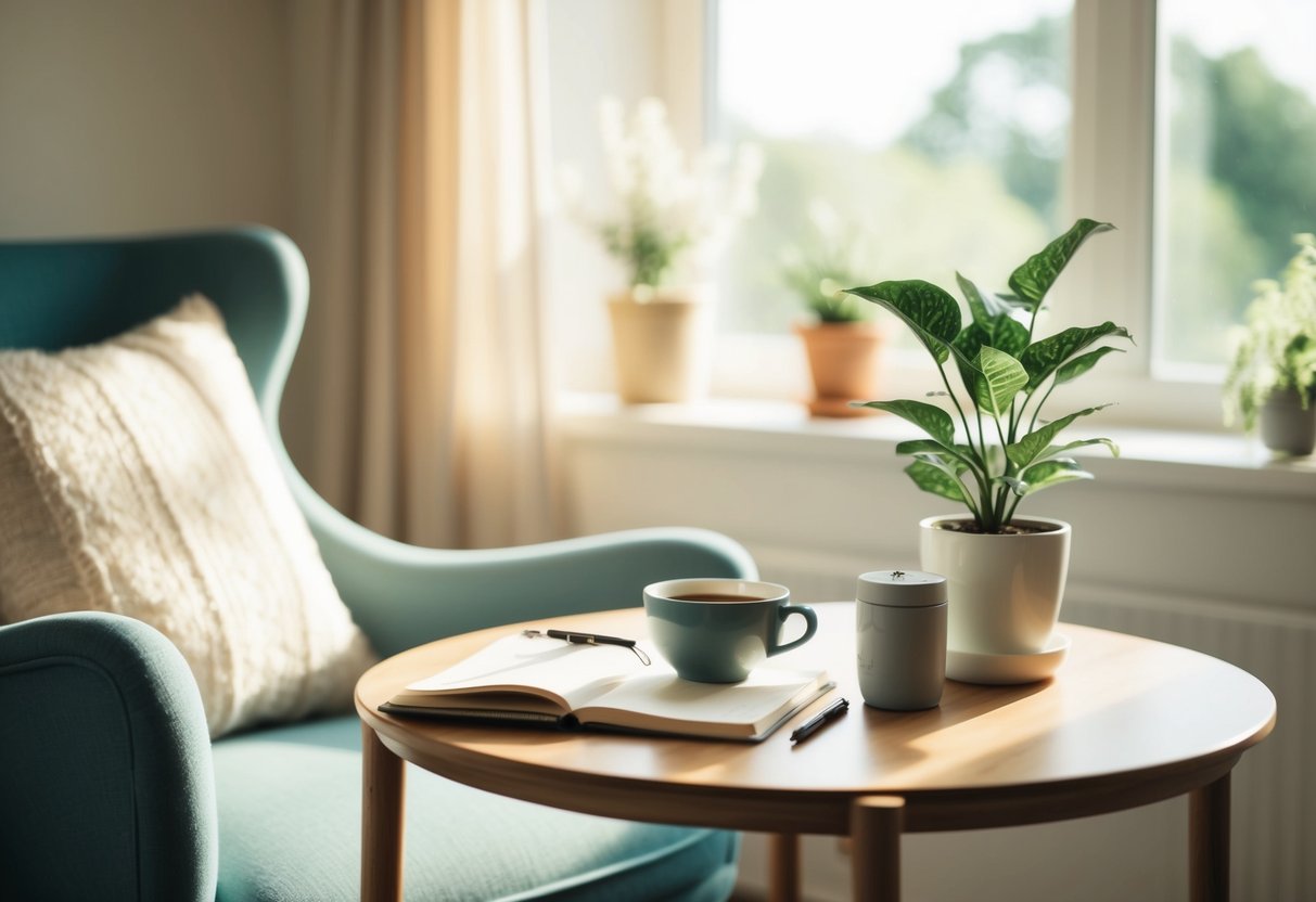 A cozy, sunlit room with a comfortable chair and a table holding a journal, pen, cup of tea, and a plant. A serene atmosphere with soft colors and natural elements