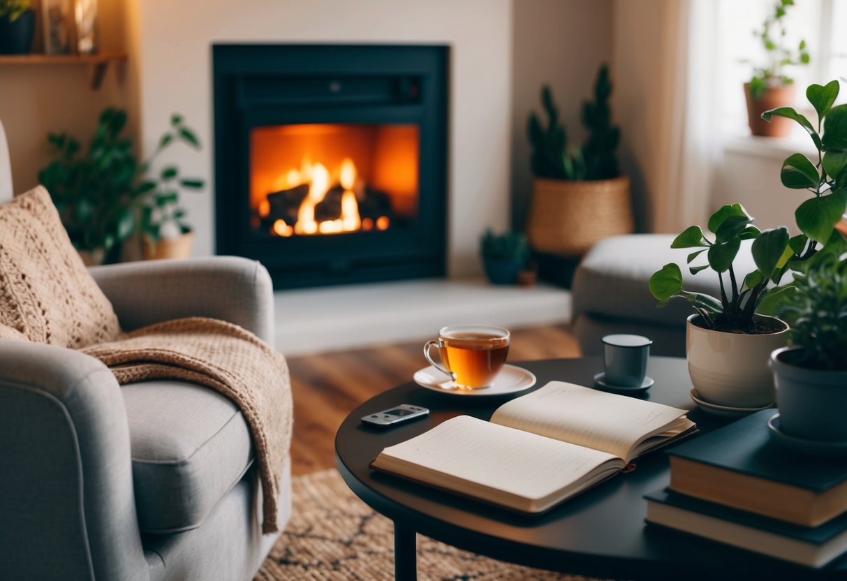 A cozy living room with a warm, glowing fireplace, a comfortable armchair, and a soft blanket. A cup of tea and a journal sit on a side table, surrounded by plants and books