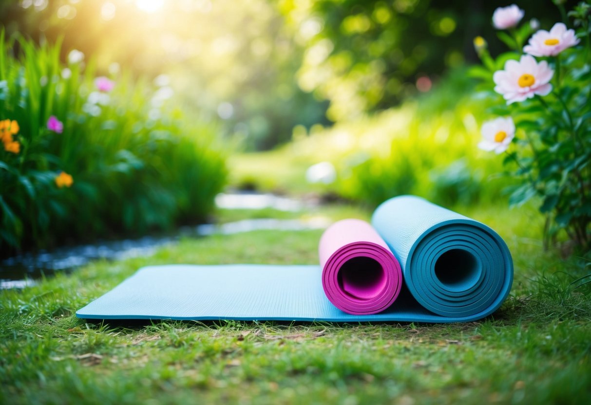 A serene outdoor setting with a yoga mat surrounded by lush greenery and calming natural elements such as flowers, trees, and a gentle stream