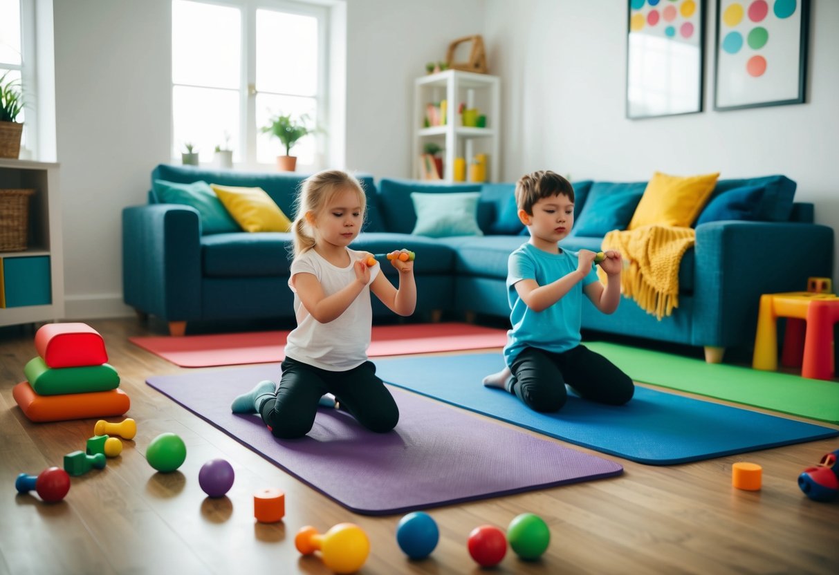 A living room with colorful exercise mats and toys scattered around, as a parent and children perform simple exercises together