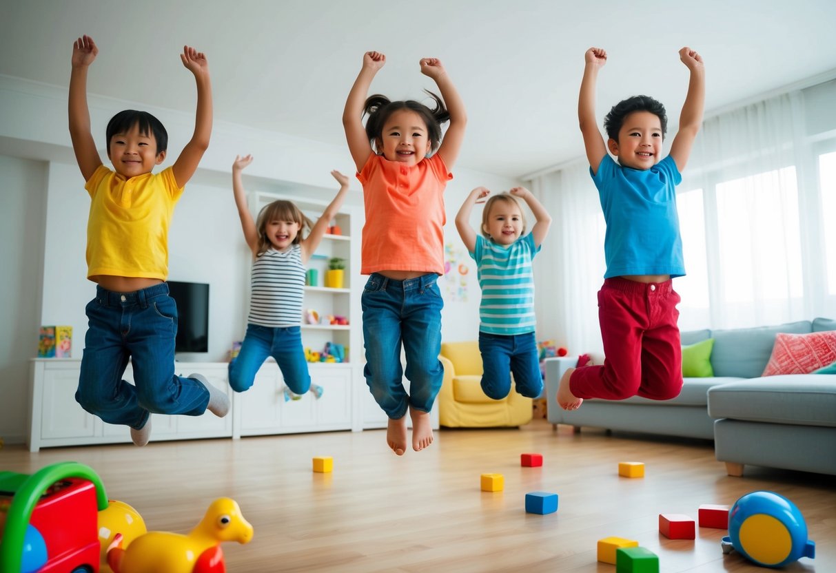 Children doing jumping jacks in a spacious, bright living room with colorful toys scattered around