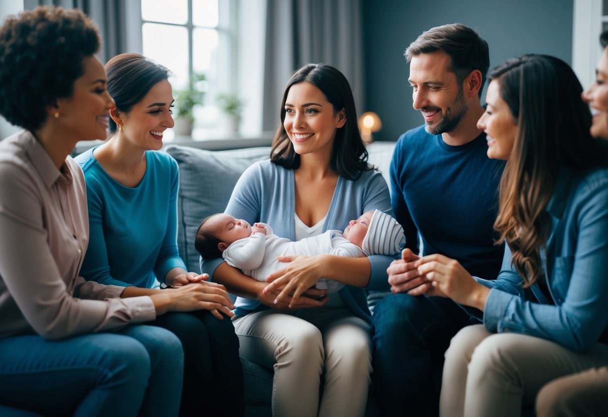 A mother sits in a dimly lit room, surrounded by supportive friends and family. She holds a baby in her arms while engaging in conversation and receiving comfort