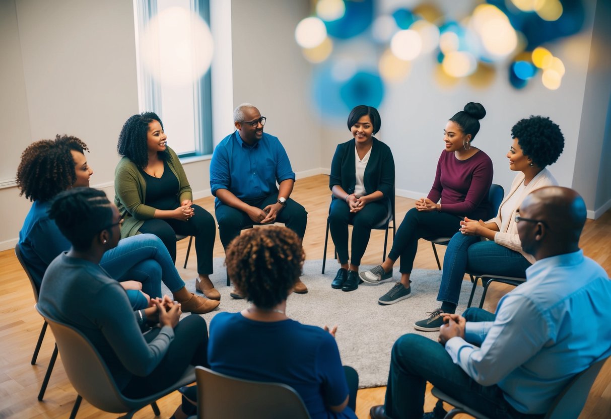 A circle of diverse individuals sit in a support group, sharing stories and offering comfort. A leader guides the discussion, while others listen and offer their own experiences