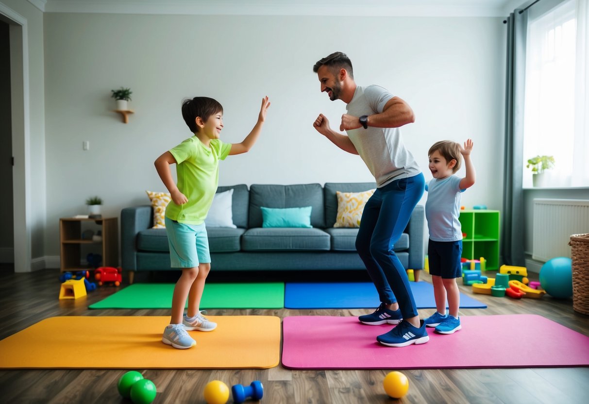 A living room with colorful exercise mats and toys scattered around. Two kids playfully imitate the adult demonstrating various simple exercises like jumping jacks and squats