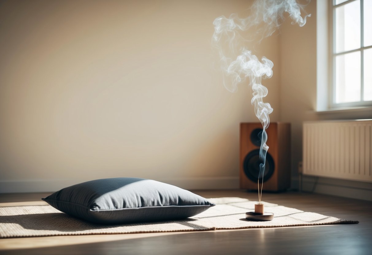 A serene, sunlit room with a comfortable cushion on the floor. Soft music plays in the background as gentle incense smoke wafts through the air