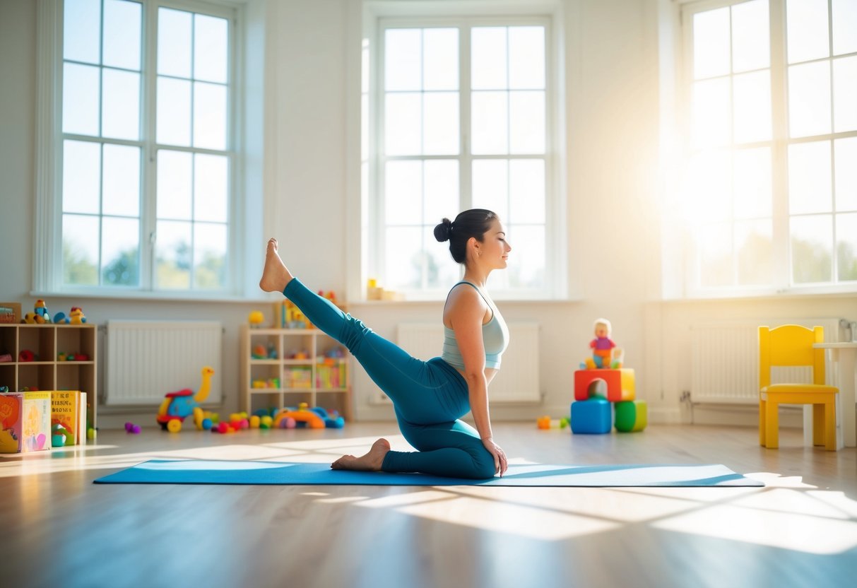 A serene morning yoga session in a bright, spacious room, with soft sunlight streaming in through large windows. A parent gracefully moves through a series of poses, surrounded by toys and children's books