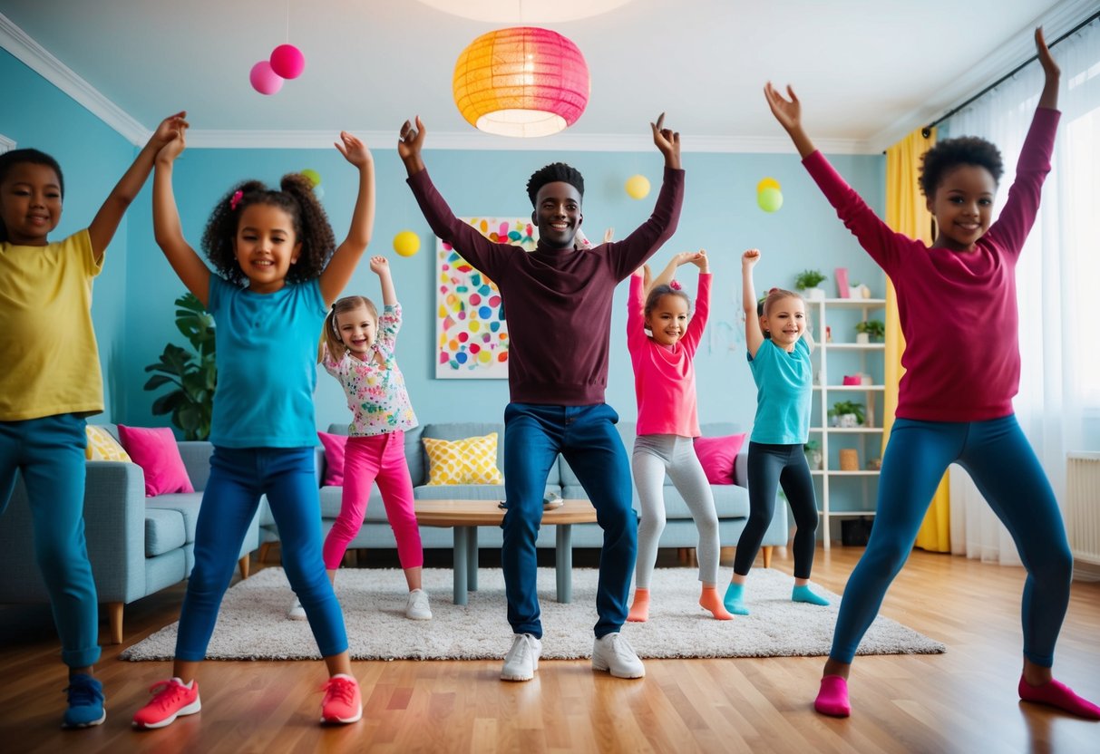 A living room with colorful decorations and music playing, with children and adults dancing and exercising together