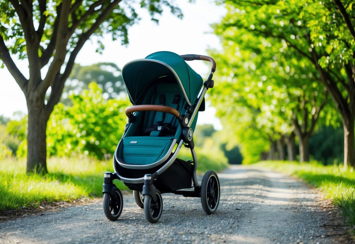 A stroller glides along a tree-lined path, surrounded by vibrant greenery. The sun shines overhead as the stroller's wheels crunch on the gravel path