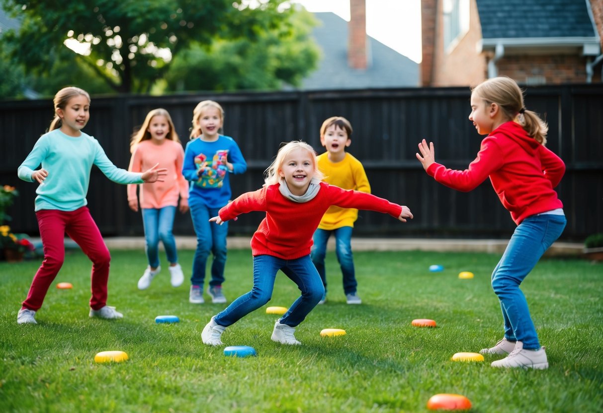 A group of children playing freeze tag in a backyard, with one child frozen in a playful pose while others try to tag them